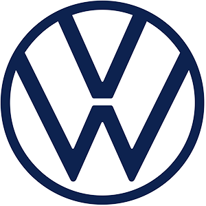A round, dark blue VW logo